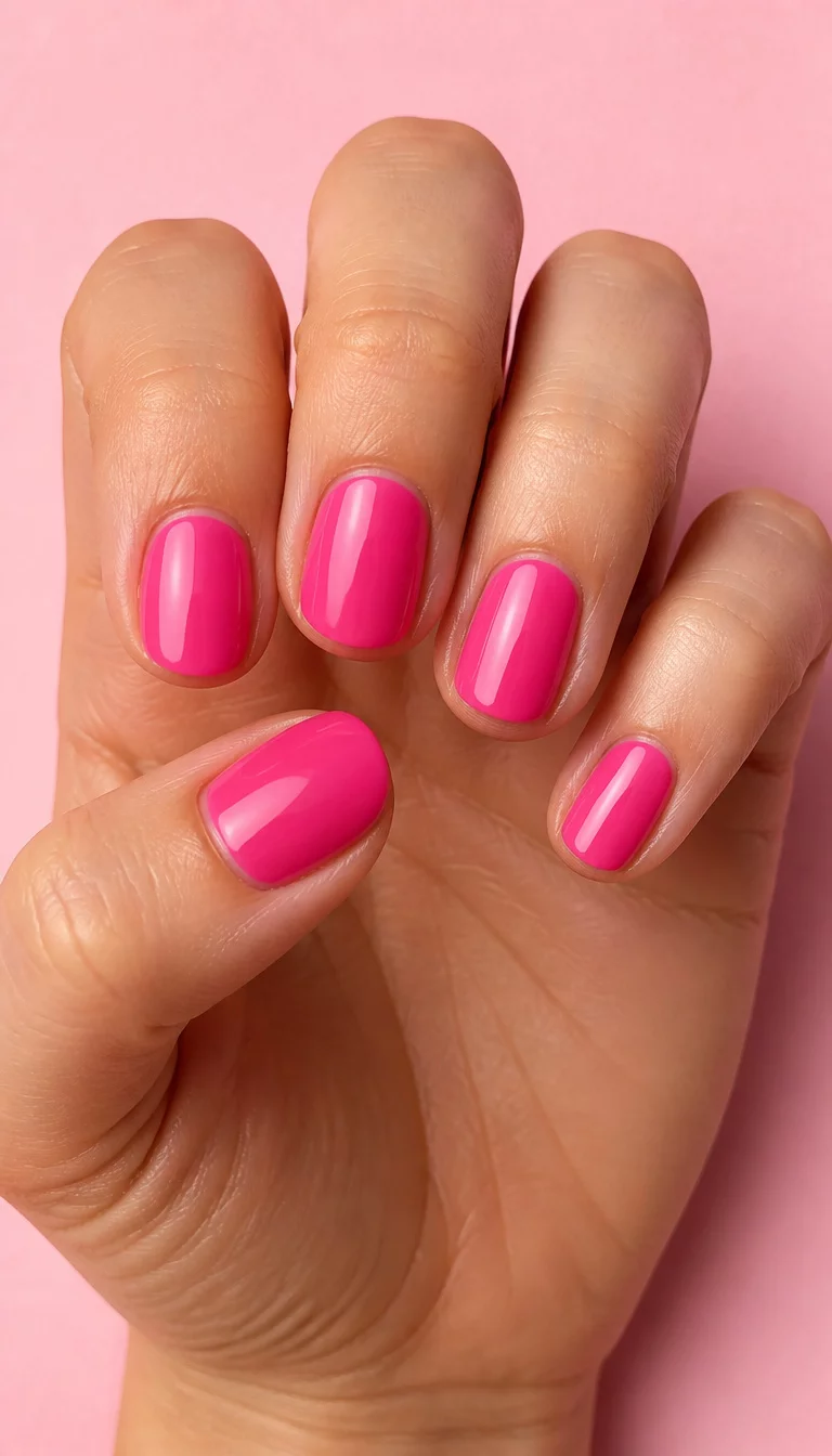 close-up shot of a woman’s hand with five fingers showing nails with short oval nails painted in a shocking pink, a pastel pink surface background.