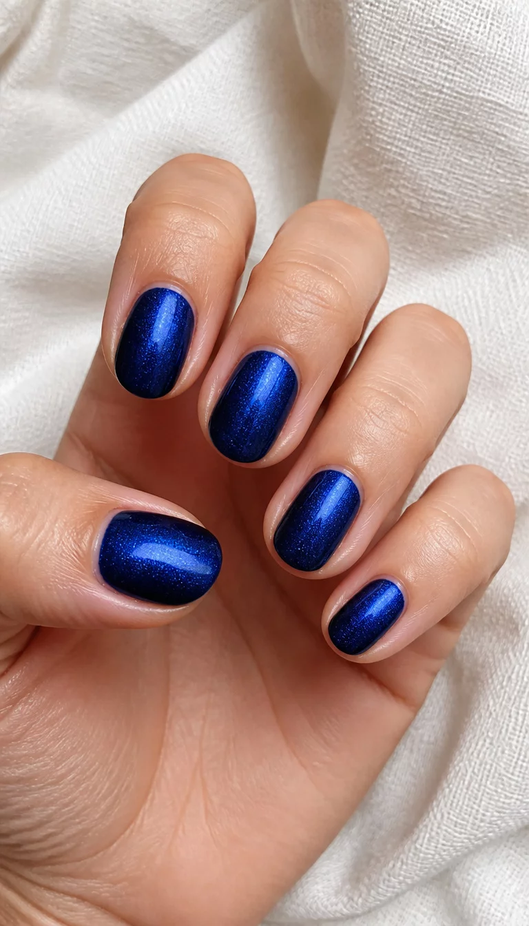 close-up shot of a woman’s hand with five fingers showing nails with short oval nails in a deep shimmering blue, a close-up of a white fabric texture background.