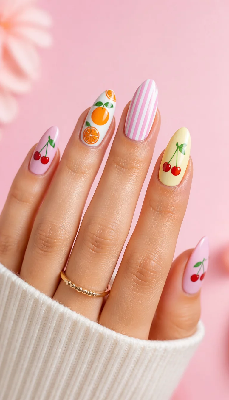 close-up shot of a woman’s hand with five fingers showing nails with almond-shaped nails displaying cherries, oranges, and stripes on a pastel background, a soft pastel background.
