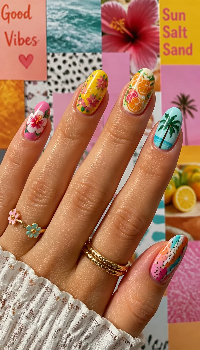 close-up shot of a woman’s hand with five fingers showing nails with various summer-themed designs featuring vibrant colors, floral patterns, fruits, and abstract art, a multi-colored collage background.