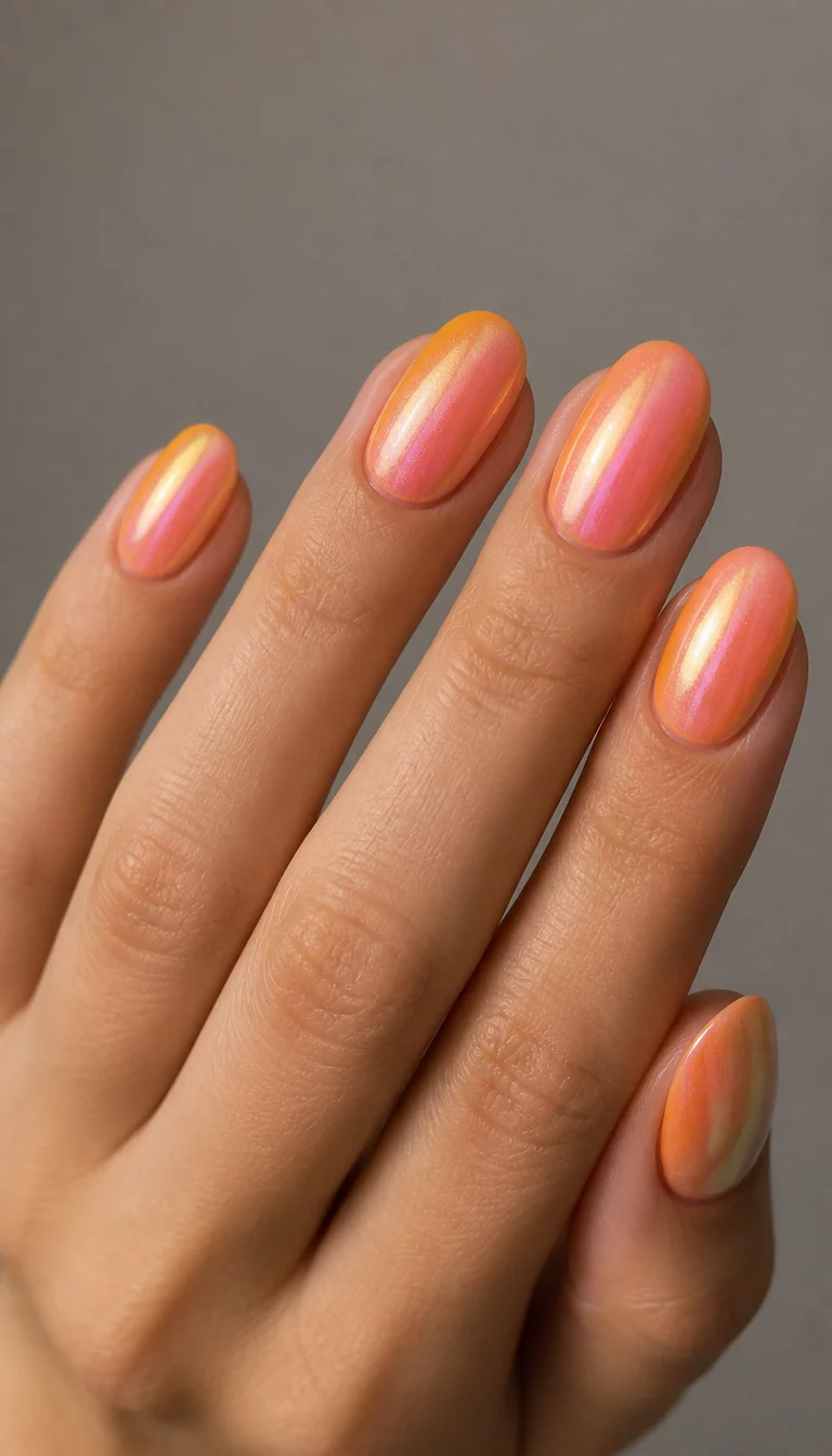 close-up shot of a woman’s hand with five fingers showing nails with oval nails featuring an iridescent shimmer that shifts between orange, pink, and yellow tones, a neutral background.