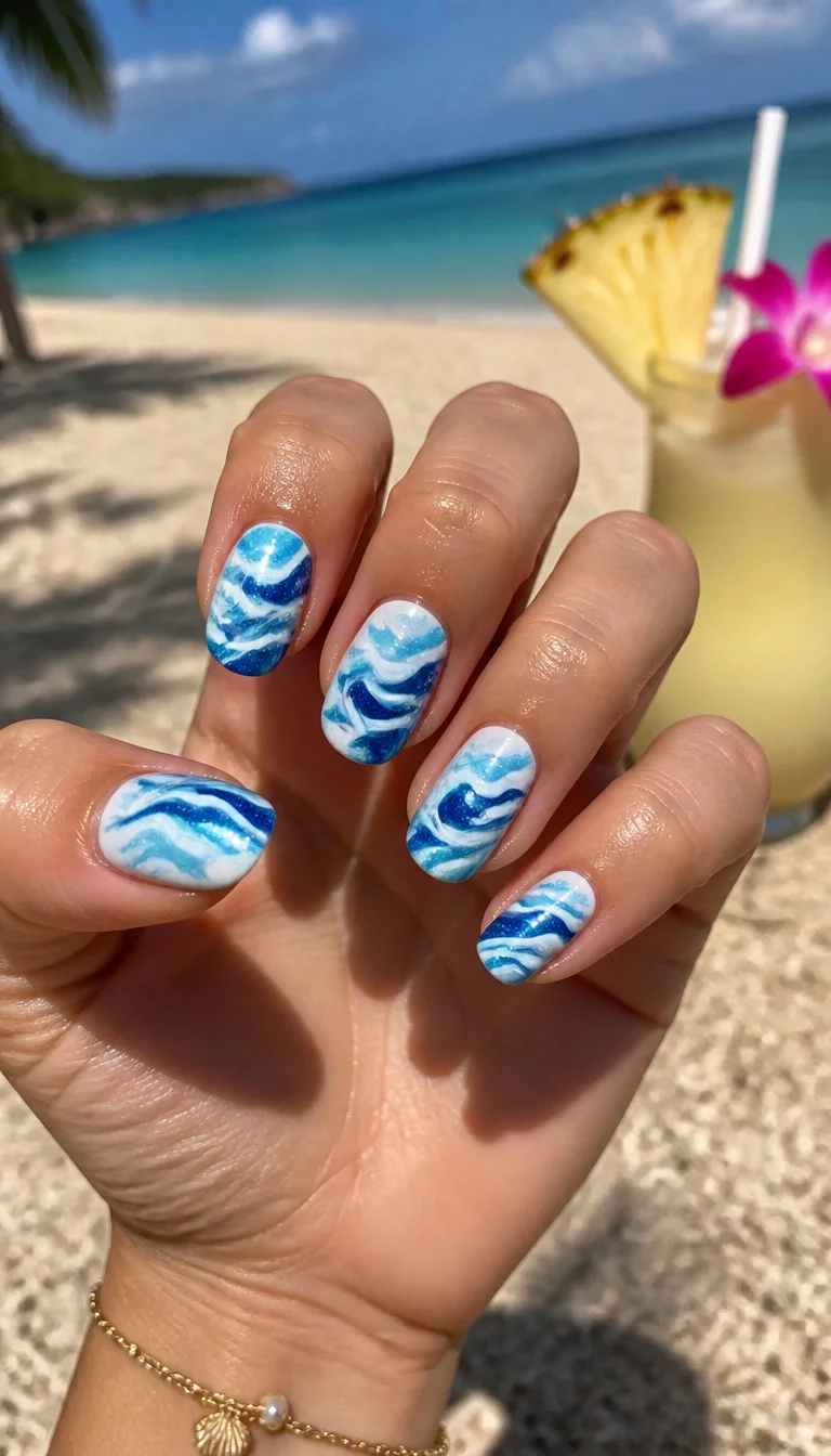 close-up shot of a woman’s hand with five fingers showing nails with medium-length oval nails featuring a blue and white wavy sea-like design, a sandy beach background with a tropical drink.