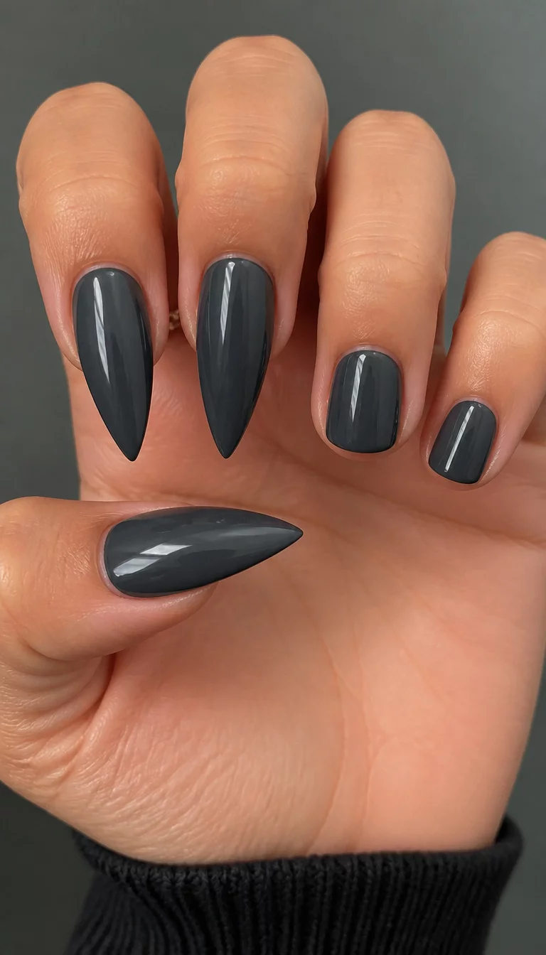 close-up shot of a woman’s hand with five fingers showing nails with sleek dark grey stiletto nails and short dark nails