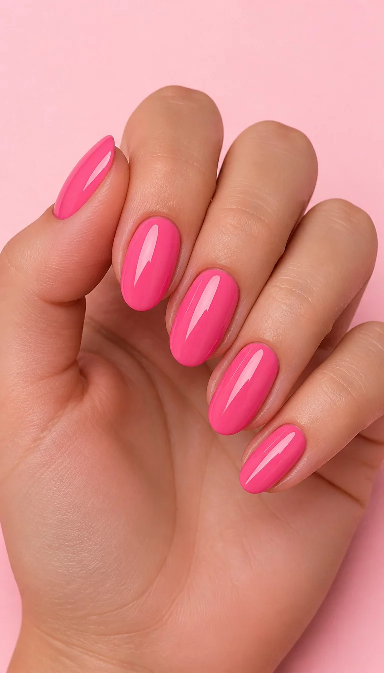 close-up shot of a woman’s hand with five fingers showing nails with oval nails in a glossy vibrant pink, a pale pink surface background.