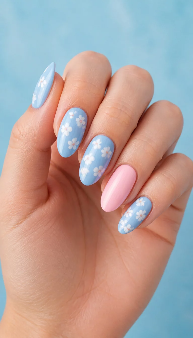 close-up shot of a woman’s hand with five fingers showing nails with almond-shaped nails in a pastel blue adorned with small white flowers and a pink accent nail, a soft blue background.