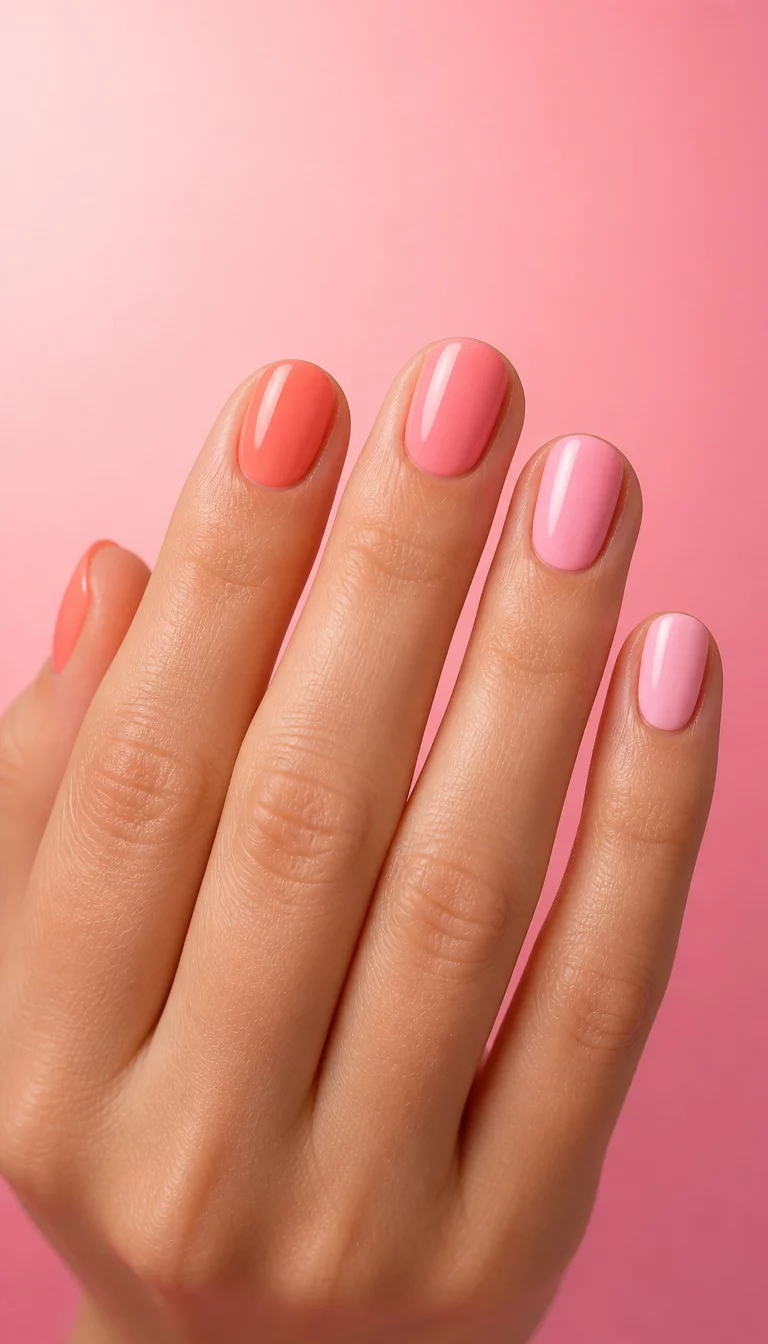 close-up shot of a woman’s hand with five fingers showing nails with short oval nails in shades of coral and pink, a soft pink gradient background.