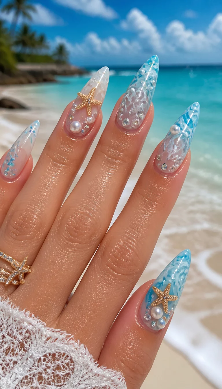 close-up shot of a woman’s hand with five fingers showing nails with long stiletto-shaped nails featuring starfish, pearls, rhinestones, and swirling blue and white patterns, a bright sunny beach background.