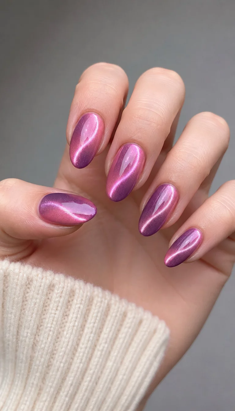 Mesmerizing Cat Eye Transitions close-up shot of a woman’s hand with five fingers showing nails with almond-shaped nails with a pink to purple cat-eye effect, soft grey background.
