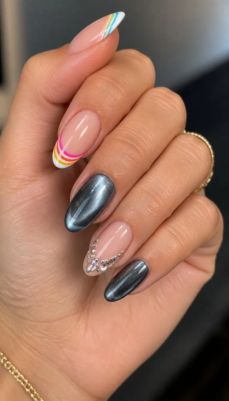 Gunmetal Cat Eye Embellishments close-up shot of a woman’s hand showing nail designs: French tips with colorful stripes, metallic gunmetal grey cat-eye, and gemstone embellished tips.