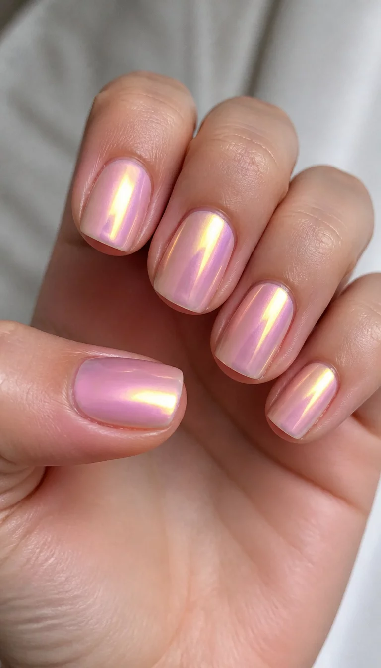 Pearlescent Iridescent Glow close-up shot of a woman’s hand with five fingers showing nails with short square nails with a pearlescent finish shifting between pink and yellow.