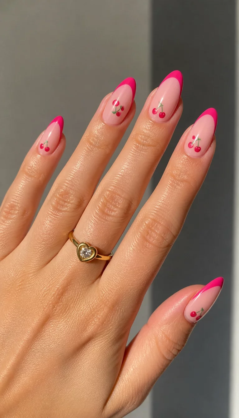 Cherry Pink French Tips close-up shot of a woman’s hand with five fingers showing nails with almond-shaped French tip nails with bright pink edges and small cherry motifs, gold ring on one finger.