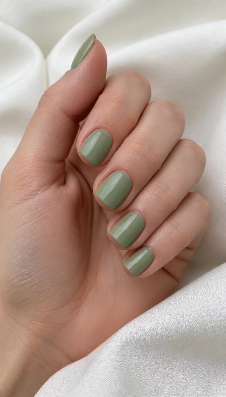 Muted Sage Square Sophistication close-up shot of a woman’s hand with five fingers showing nails with short square-shaped nails in muted sage green, soft white fabric background.