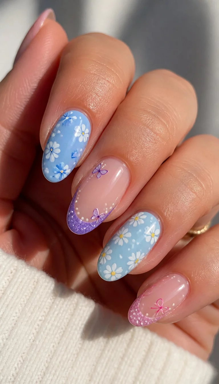 Four Seasons Floral Collection close-up shot of a woman’s hand showing four distinct nail looks: blue oval with flowers, purple butterfly French tips, blue daisy oval, and pink bow French tips.