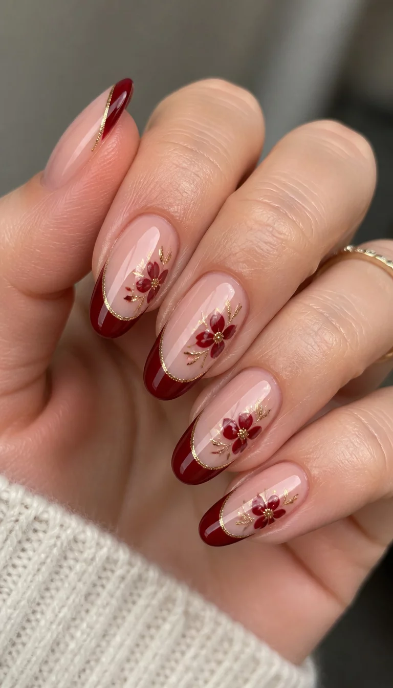 Deep Red Floral French close-up shot of a woman’s hand with five fingers showing nails with almond-shaped French tip nails with deep red tips and a red flower with gold accents.