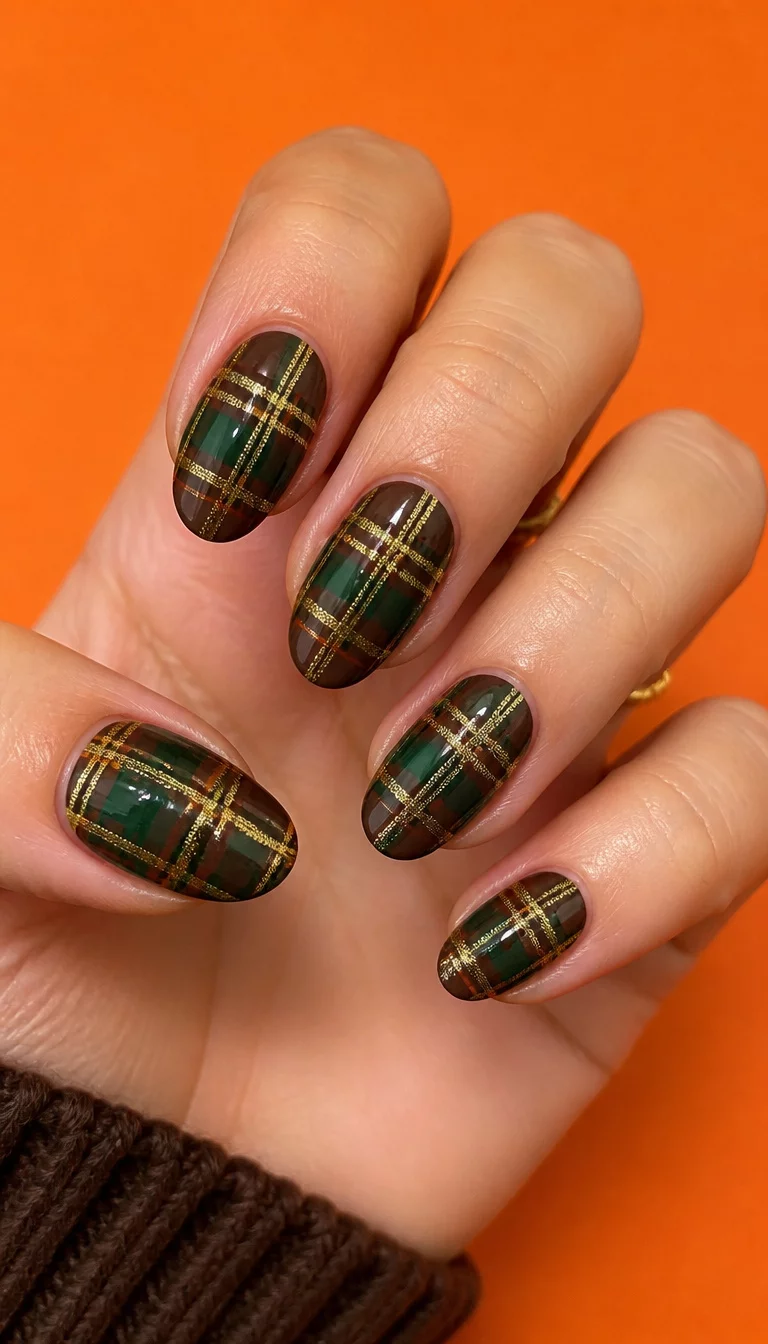 Autumnal Plaid Oval Art close-up shot of a woman’s hand with five fingers showing nails with oval nails featuring a plaid design in deep brown, green, and gold, bright orange surface background.