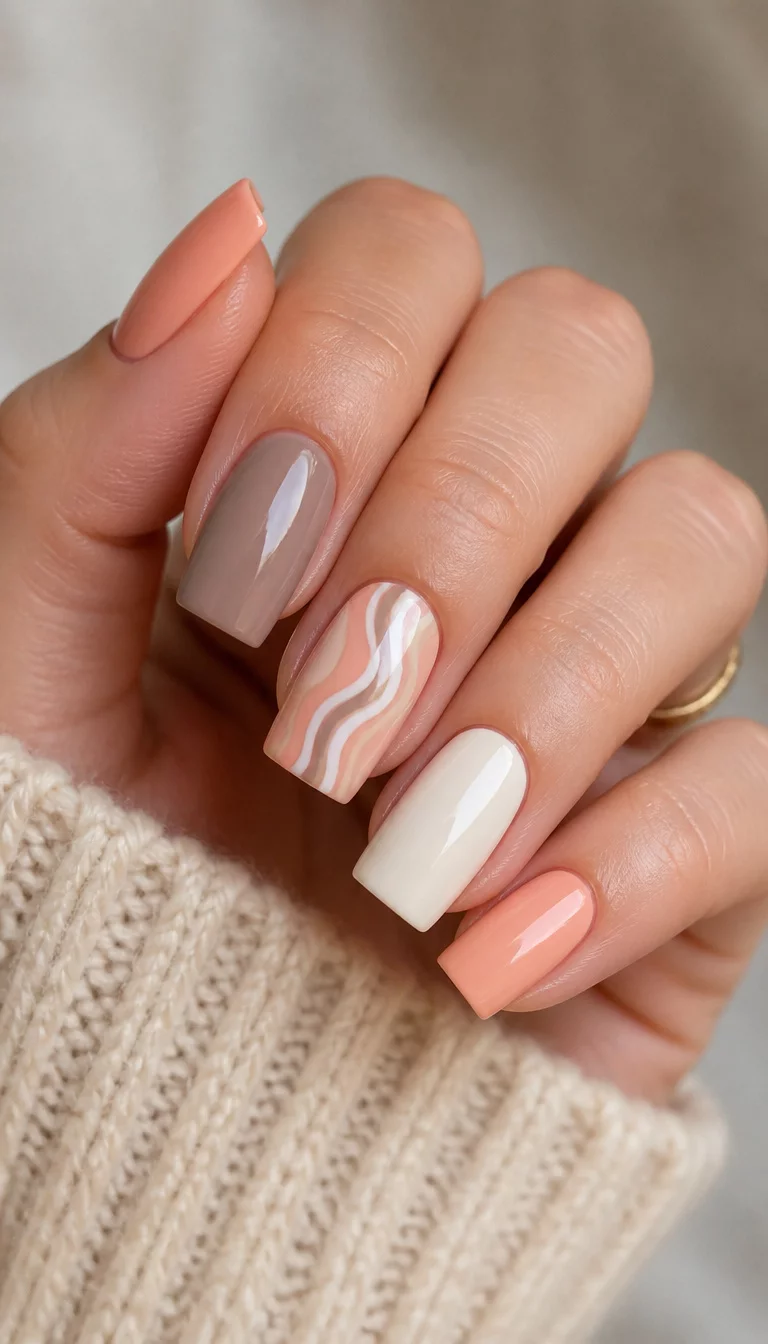 Warm Neutral Wavy Palette close-up shot of a woman’s hand with five fingers showing nails with square-shaped nails in peach, taupe, and cream, one accent nail with white wavy design.