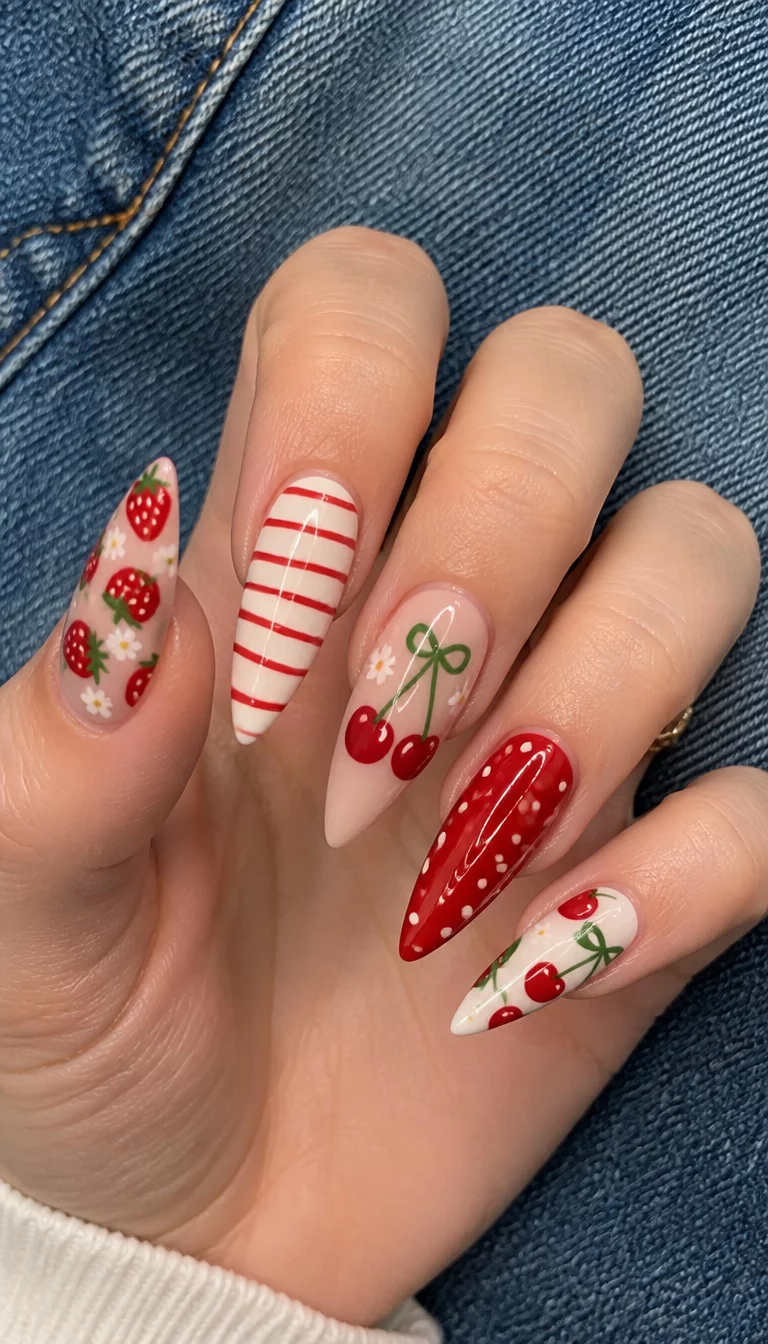 Playful Fruit Stiletto Designs close-up shot of a woman’s hand with five fingers showing nails with stiletto-shaped nails featuring strawberries, cherries, and stripes, textured denim background.