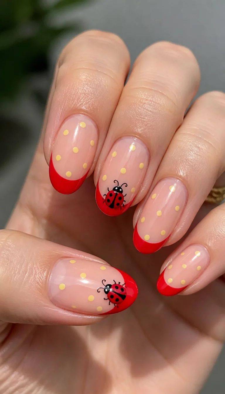 Ladybug Polka Dot Red close-up shot of a woman’s hand with five fingers showing nails with oval nails with bright red French tips, yellow polka dots, and ladybug designs.