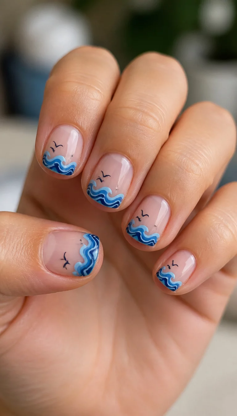 Delicate Blue Wave Silhouettes close-up shot of a woman’s hand with five fingers showing nails with short natural-looking nails with blue waves and bird silhouettes at the tips, blurred background.