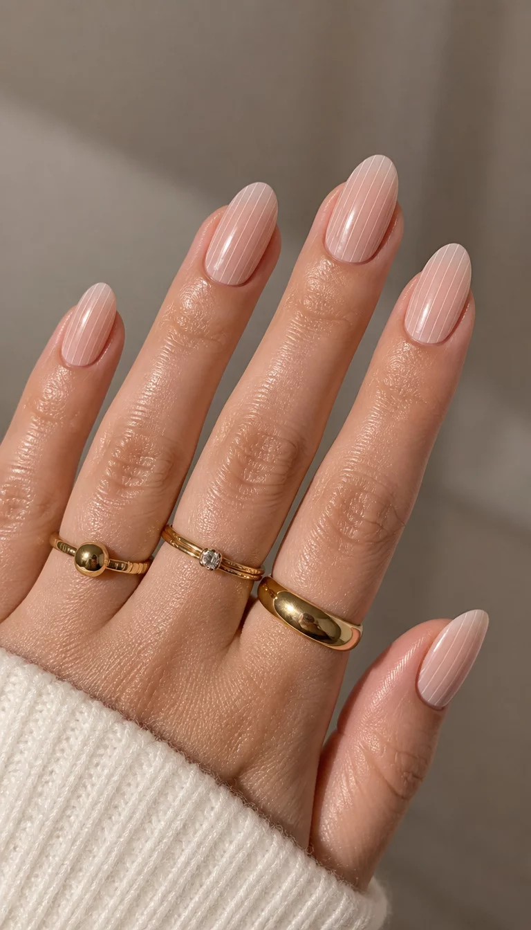 Pale Nude Vertical Stripes close-up shot of a woman’s hand with five fingers showing nails with almond-shaped nails with a pale nude polish and a subtle vertical stripe design, gold rings on the fingers.