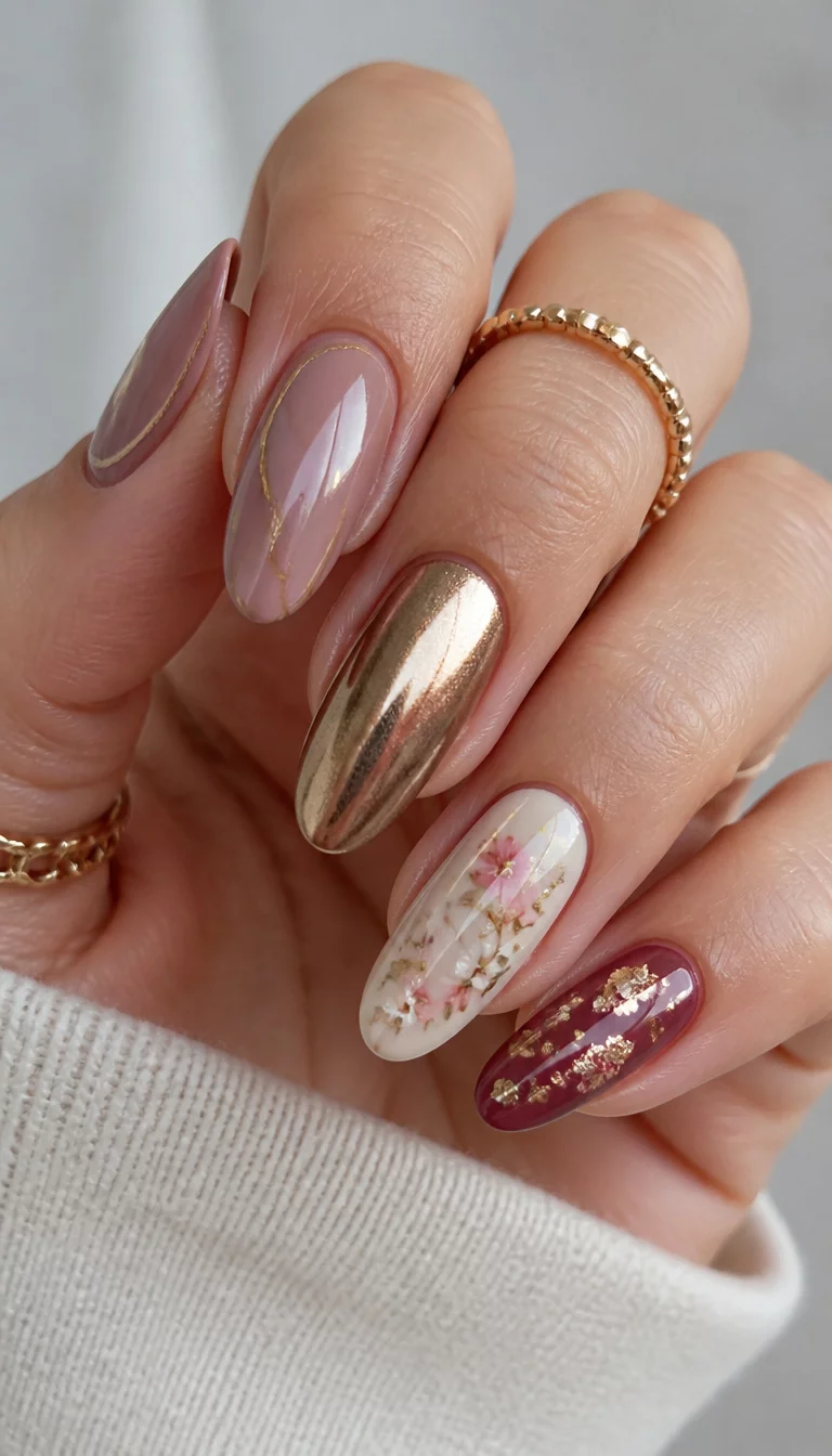 Artistic Mixed Media Collage close-up shot of a woman’s hand with five fingers showing various nail art styles including marble, metallic, and floral designs.