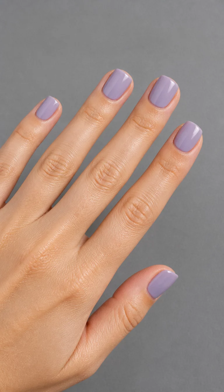 Luxe Muted Lilac Squares close-up shot of a woman’s hand with five fingers showing nails with short square nails in soft muted lilac color, plain grey surface background.
