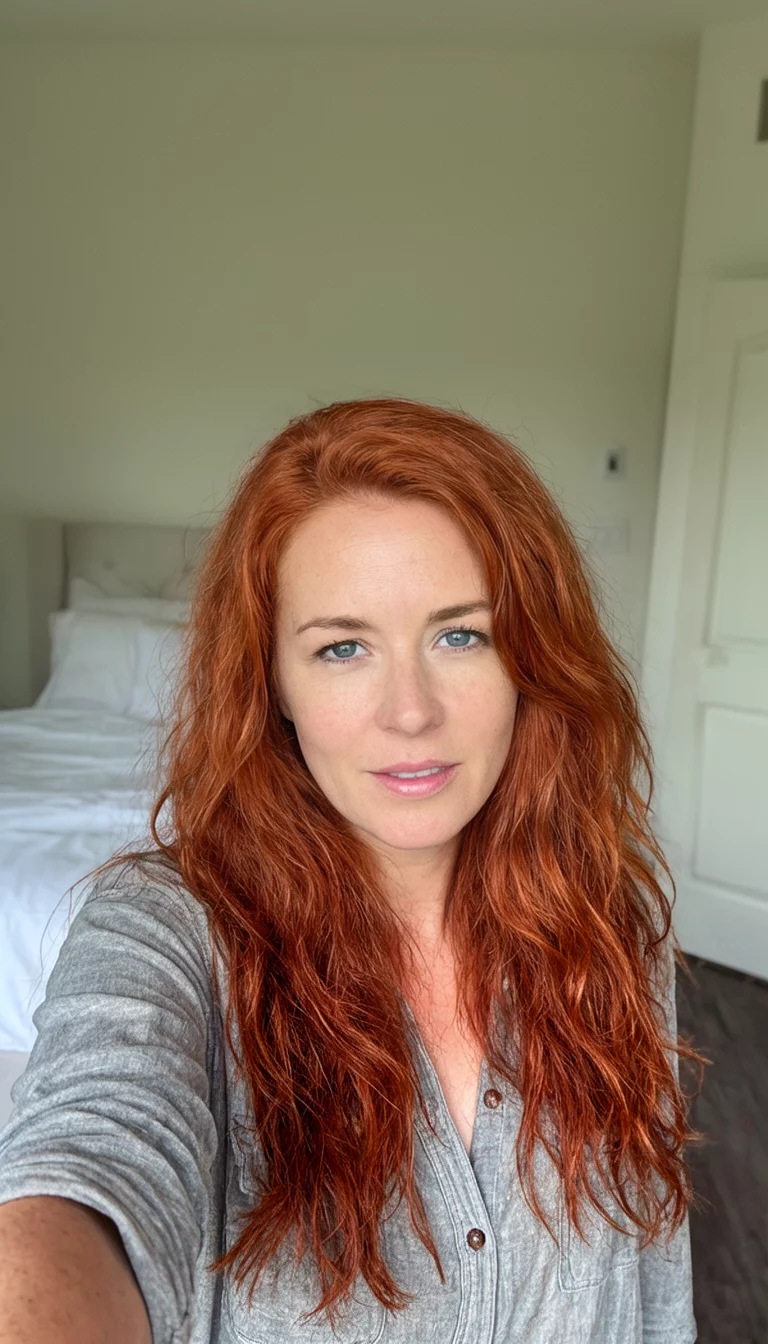 Polished Copper Waves selfie of a 27-year-old woman wearing a casual shirt with a copper-red colored long wavy hairstyle, front view, bedroom