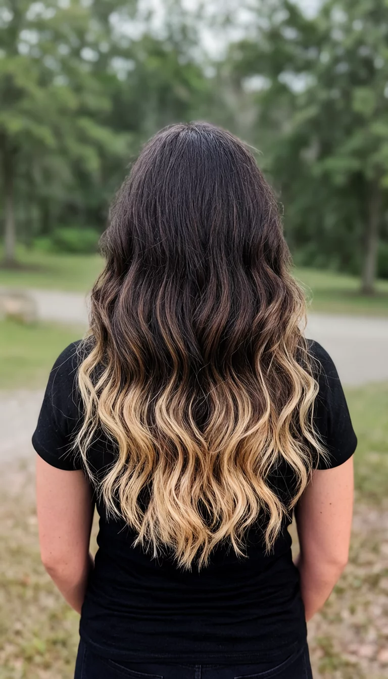Vanilla Dip Ombre casual photo of a 30-year-old woman wearing a black top with a dark brown with blonde ombre ends colored long wavy hairstyle, back view, outdoors