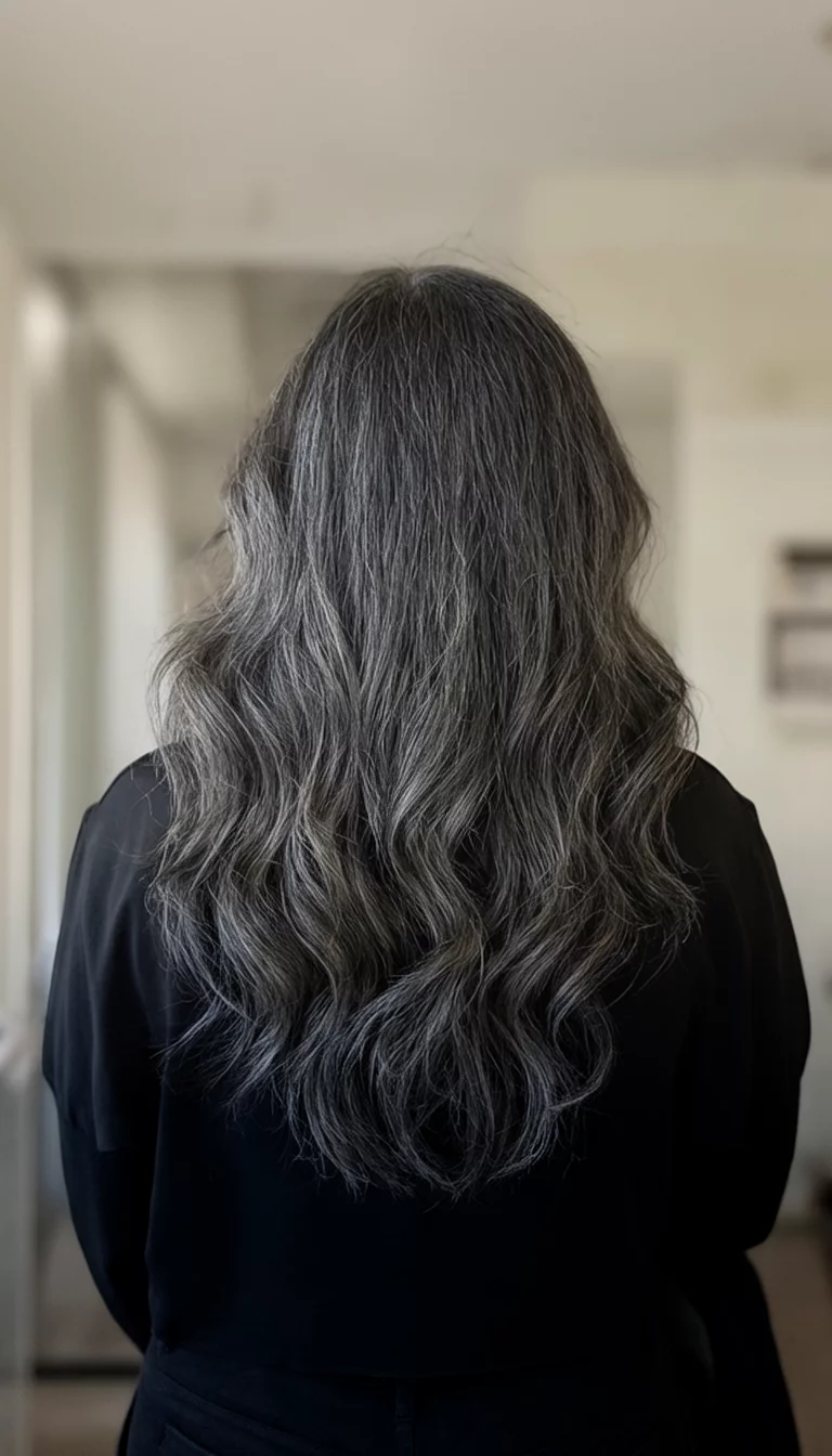 Smoky Charcoal Brunette casual photo of a 39-year-old woman wearing a black outfit with a dark grey-brown colored long wavy hairstyle, back view, indoors