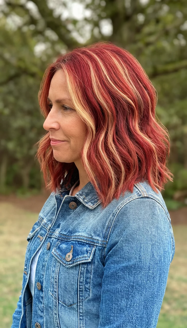 Maple Syrup Highlights casual photo of a 38-year-old woman wearing a denim jacket with a red-brown with lighter highlights colored shoulder-length wavy hairstyle, side view, outdoors