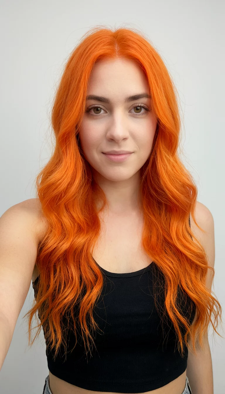 Electric Amber Long Hair selfie of a 22-year-old woman wearing a black tank top with a vibrant orange colored long wavy hairstyle, front view, studio