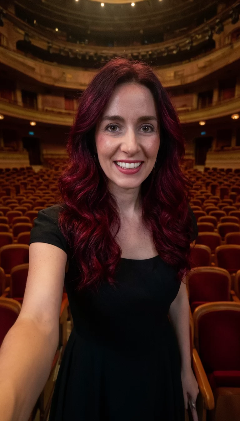 Crimson And Caramel Melange selfie of a 33-year-old woman wearing a black dress with a dark red wavy colored hairstyle, front view, theater interior