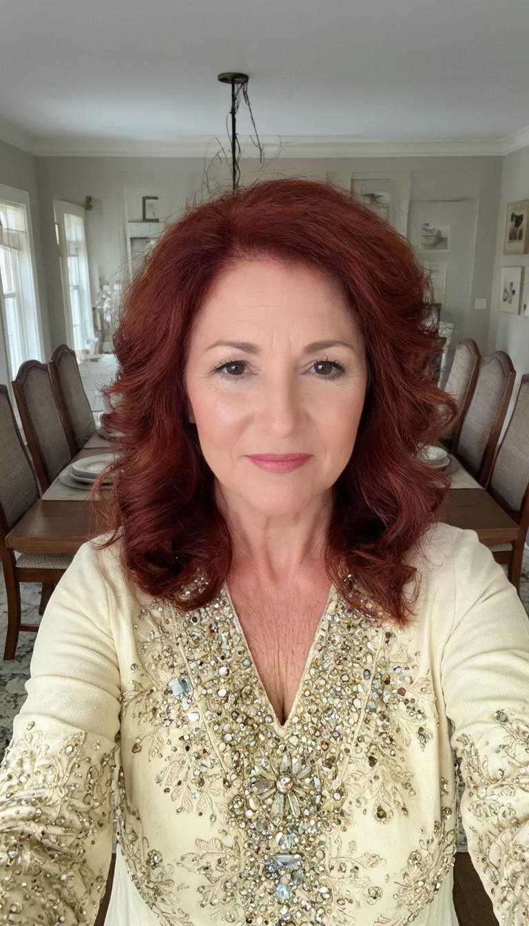 Rustic Ginger Glow selfie of a 45-year-old woman wearing a cream and jeweled top with a reddish-brown colored wavy hairstyle, front view, dining room