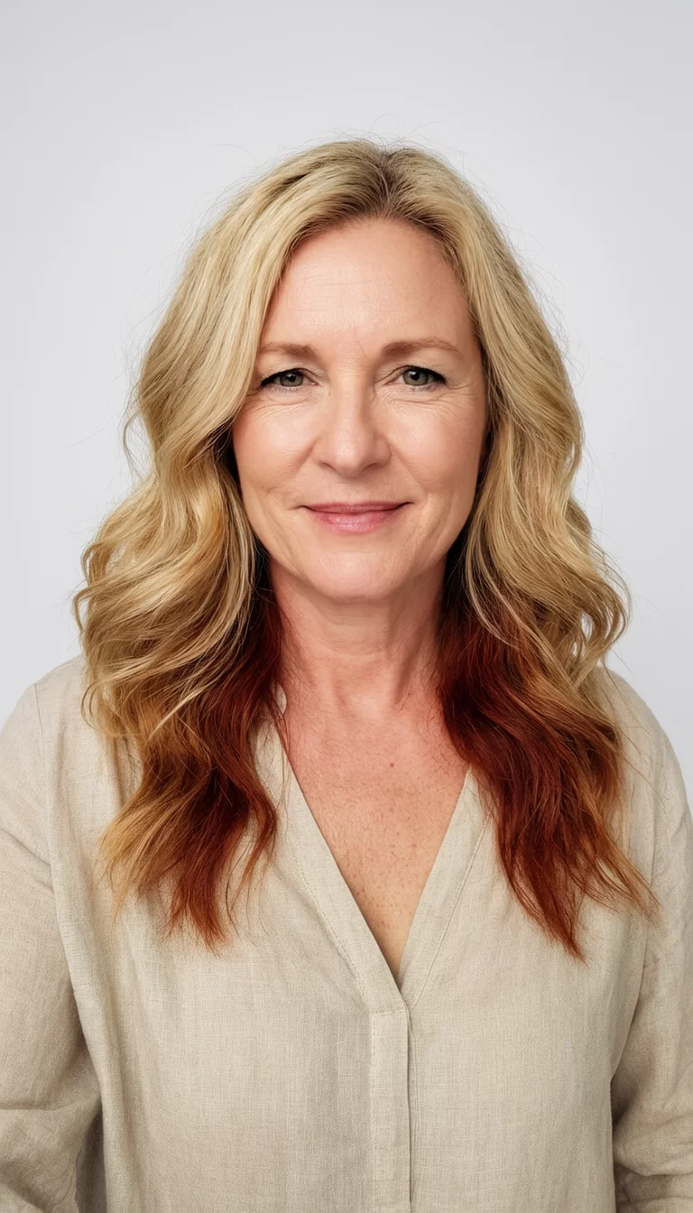 Dimensional Bronze And Cherry selfie of a 42-year-old woman wearing a neutral blouse with a blonde and auburn colored wavy hairstyle, front view, studio