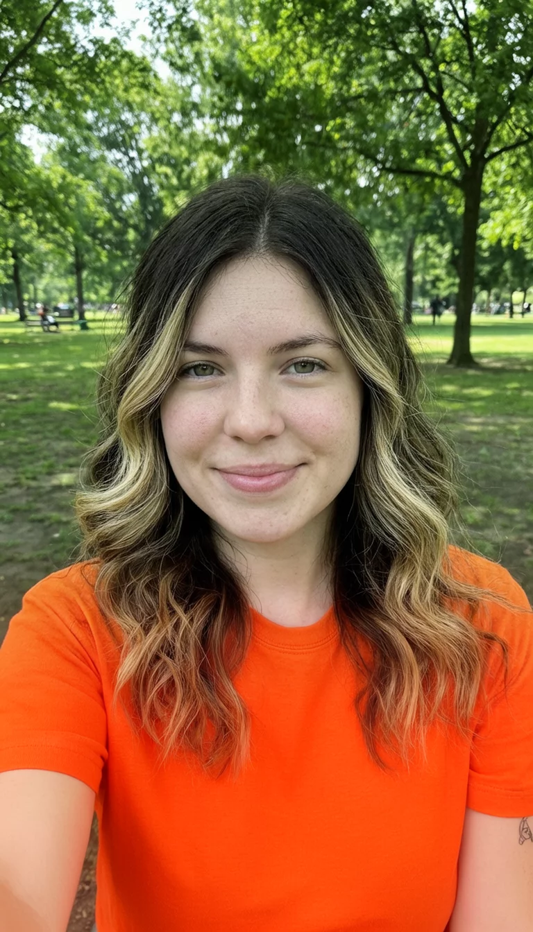 Autumn Spectrum Trio selfie of a 23-year-old woman wearing a simple tee with a fiery orange, dark brown, and blonde colored wavy hairstyle, front view, park