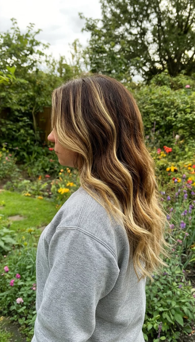 Caramel Ribbon Brunette casual photo of a 29-year-old woman wearing a grey sweatshirt with a brown with blonde highlights colored long wavy hairstyle, side view, garden