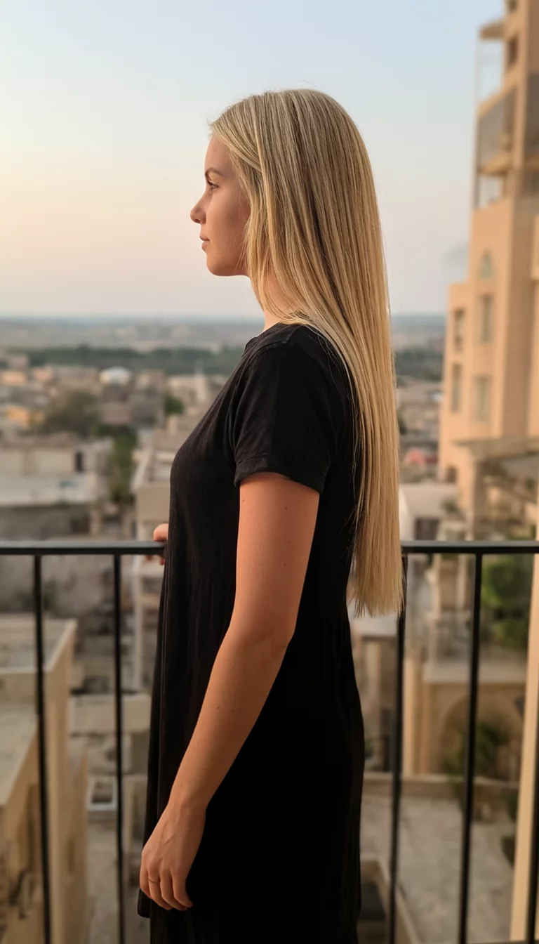 Platinum Silk Lengths casual photo of a 25-year-old woman wearing a black dress with a straight blonde colored very long hairstyle, side view, balcony