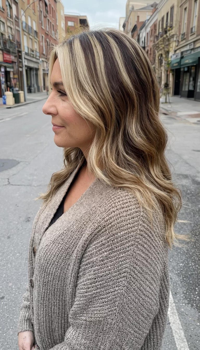 Tonal Autumn Mix casual photo of a 37-year-old woman wearing a cardigan with a blonde balayage, brown ombre, and light brown highlighted colored hairstyle, side view, street