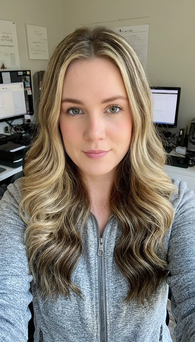 Sandstone Balayage Zip selfie of a 24-year-old woman wearing a grey zip-up jacket with a blonde and brown highlighted colored long wavy hairstyle, front view, home office