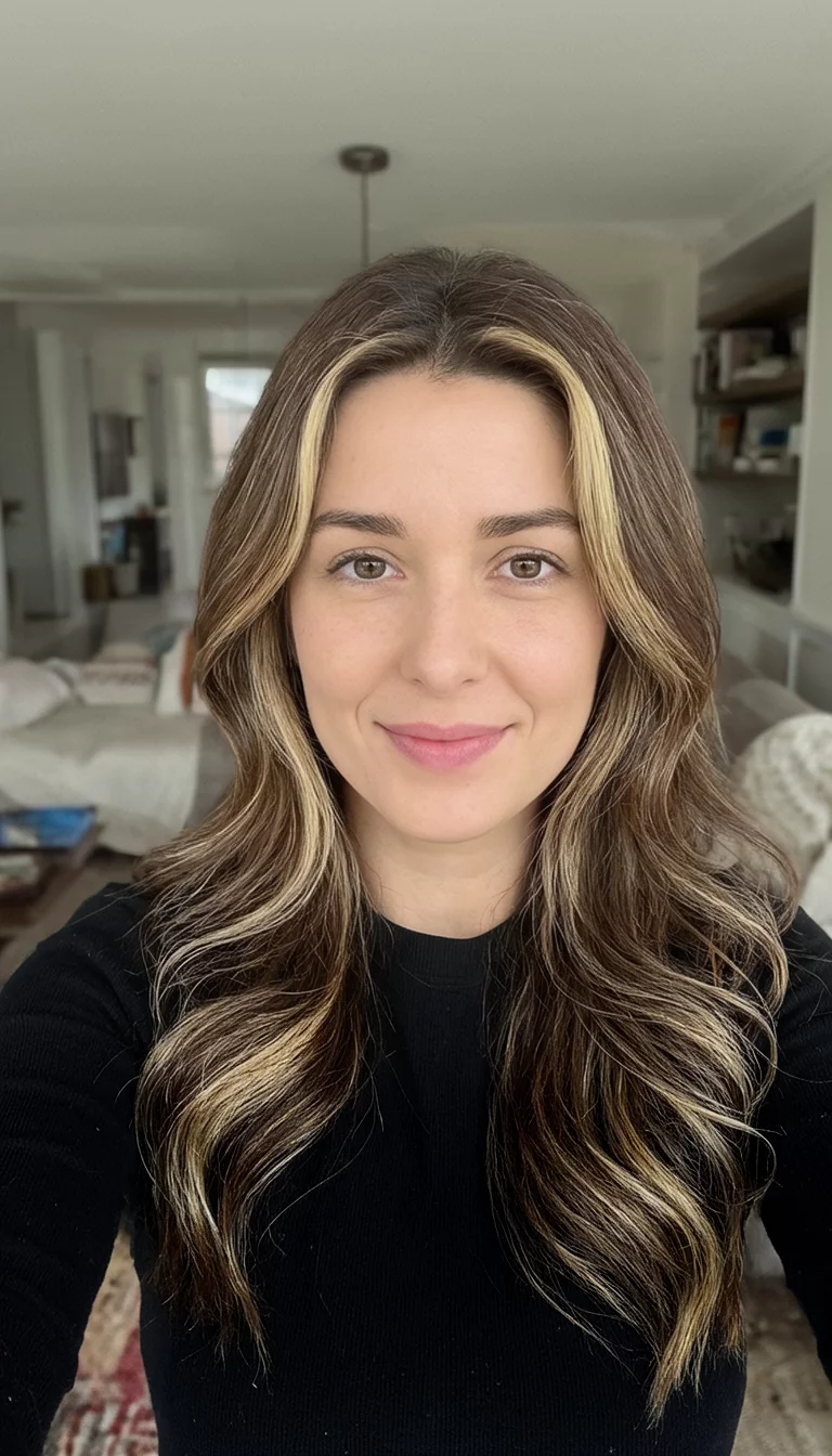 Toasted Almond Balayage selfie of a 26-year-old woman wearing a black top with a brown with blonde highlights colored long wavy hairstyle, front view, living room