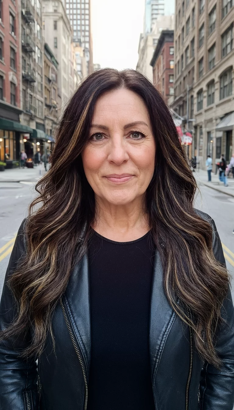 Midnight Cocoa Streak selfie of a 48-year-old woman wearing a black top and leather jacket with a dark brown with subtle lighter streaks colored long wavy hairstyle, front view, city street