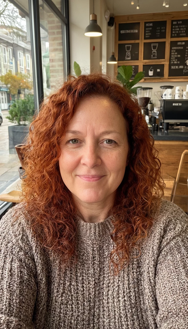 Mulled Wine Curls selfie of a 35-year-old woman wearing a sweater with an auburn colored curly hairstyle, front view, coffee shop