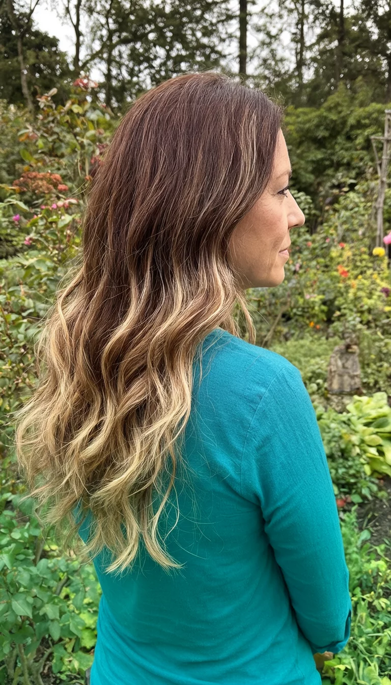 Teal Garden Brown casual photo of a 32-year-old woman wearing a teal top with a brown with blonde highlights colored long wavy hairstyle, side view, garden