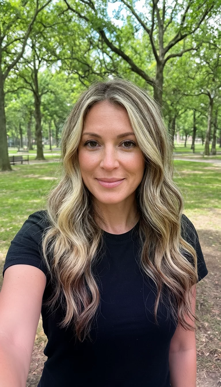 Sun Drenched Harvest Mix selfie of a 36-year-old woman wearing a black t-shirt with a blonde and brown highlighted colored long wavy hairstyle, front view, park