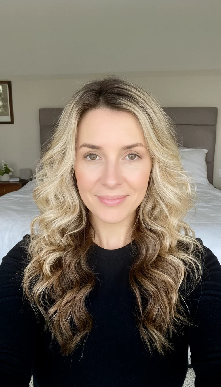 Honey Cream Ombre Volumizer selfie of a 31-year-old woman wearing a black top with a blonde and brown ombre colored voluminous wavy hairstyle, front view, bedroom