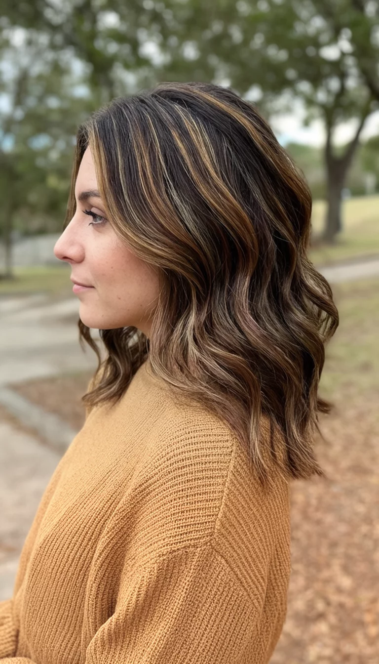 Sun Kissed Walnut Layers casual photo of a 28-year-old woman wearing a tan sweater with a brown with subtle highlights colored layered wavy hairstyle, side view, outdoors