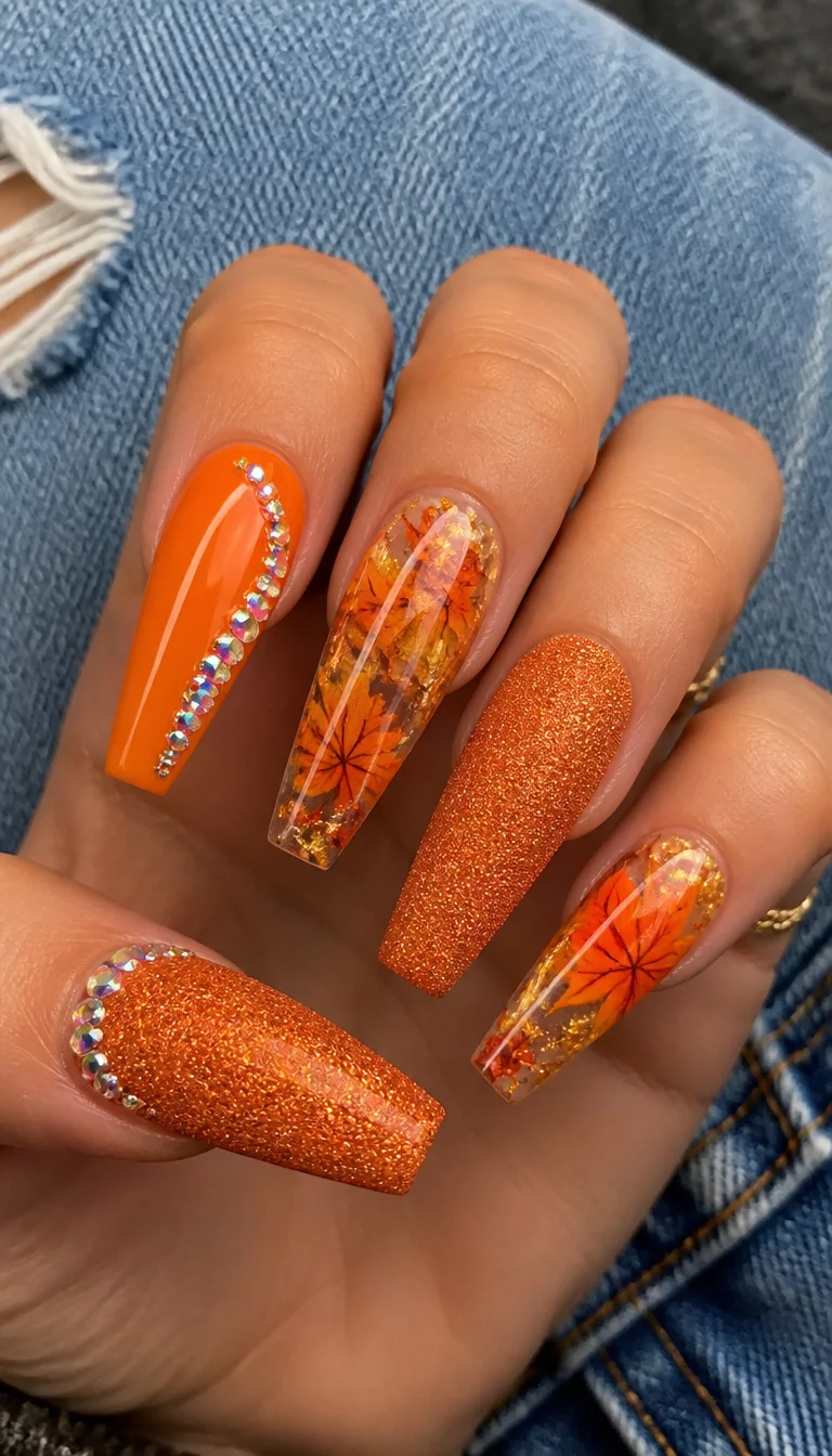 close-up shot of a woman’s hand with five fingers showing long, coffin-shaped nails in vibrant orange and glittery textured orange, some nails with embedded autumn leaves and others adorned with rhinestones, denim background