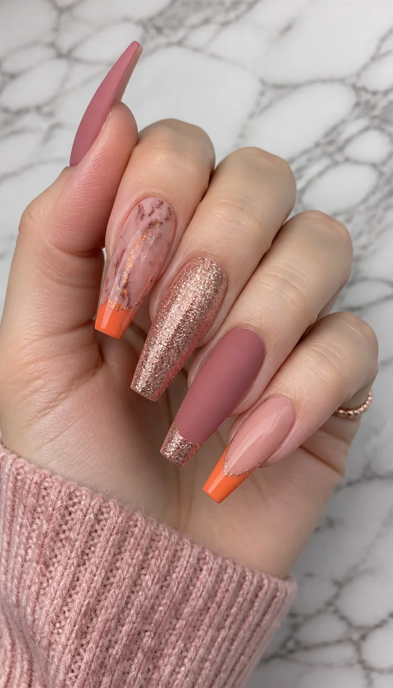 close-up shot of a woman’s hand with five fingers showing long, coffin-shaped nails with a mix of matte dusty rose, glittery rose, and bright orange tips, some with glitter-tipped French accents, marble background