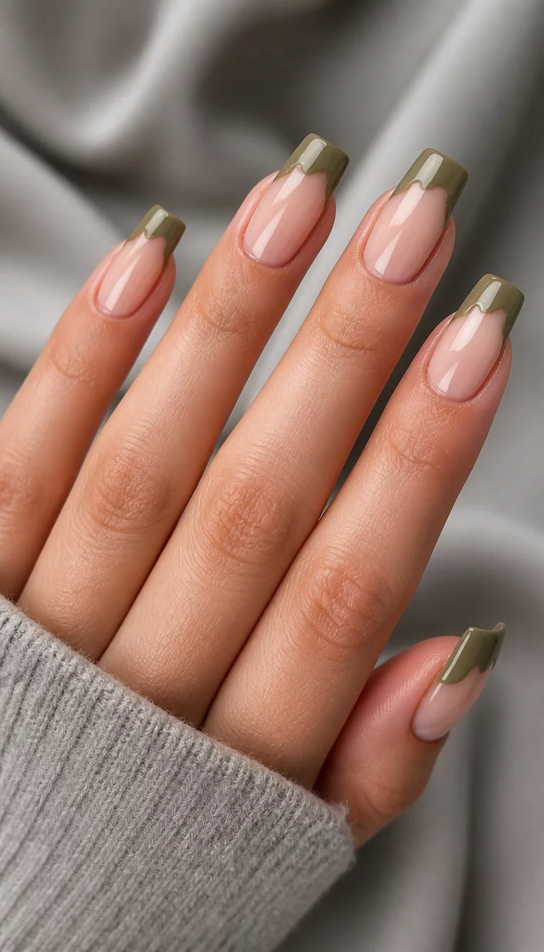 close-up shot of a woman’s hand with five fingers showing long, square-tipped nails with a French design with wavy olive green tips and a sheer base, soft grey fabric background