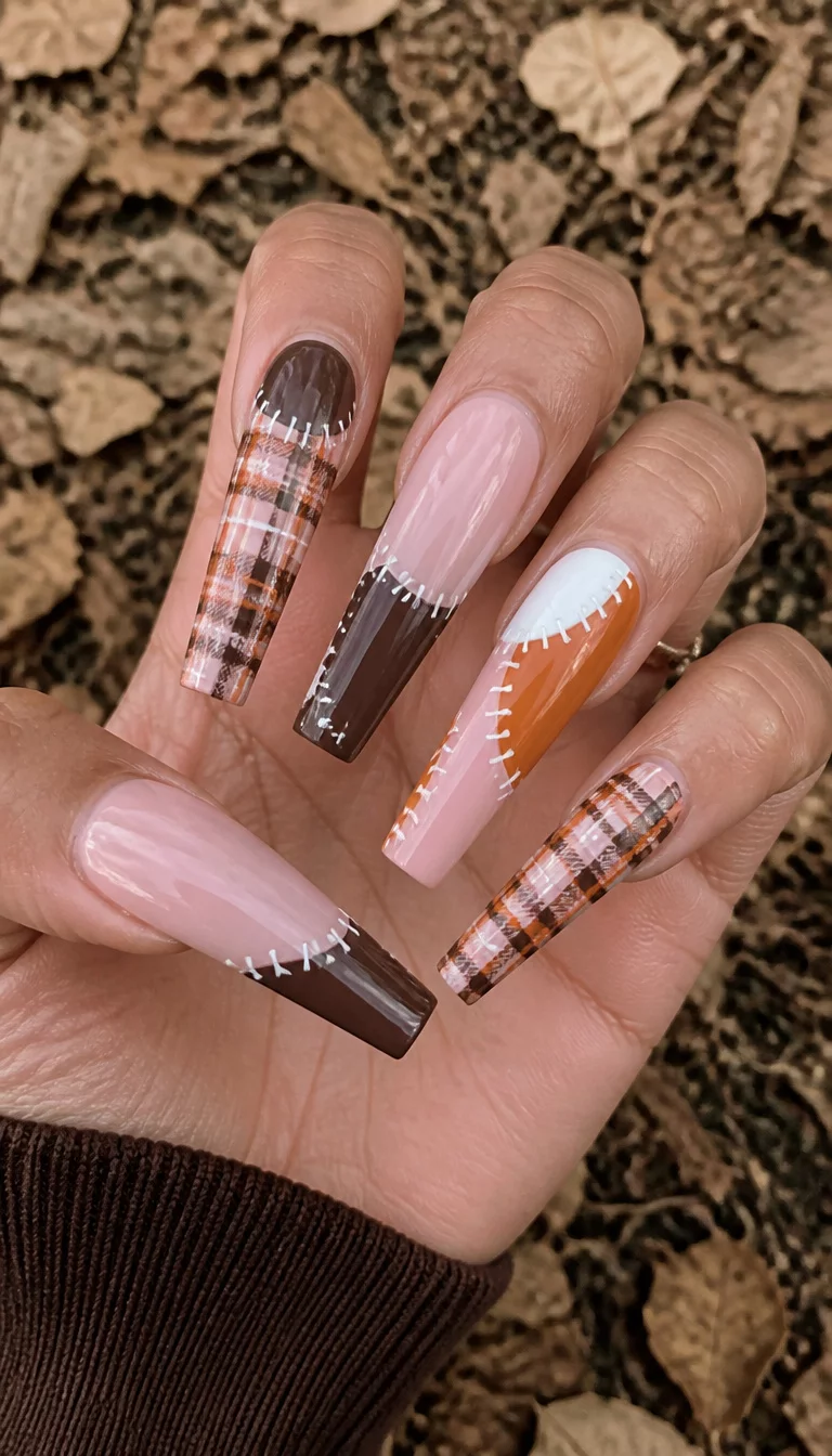 close-up shot of a woman’s hand with five fingers showing extremely long, coffin-shaped nails in a neutral pink, adorned with patchwork and plaid designs in brown, orange, and white, dry leafy ground background